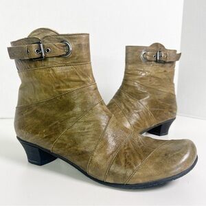 •FIDJI• Olive Green Leather Low Heel Ankle Boots Size‎ EU 37.5 / US 7-7.5